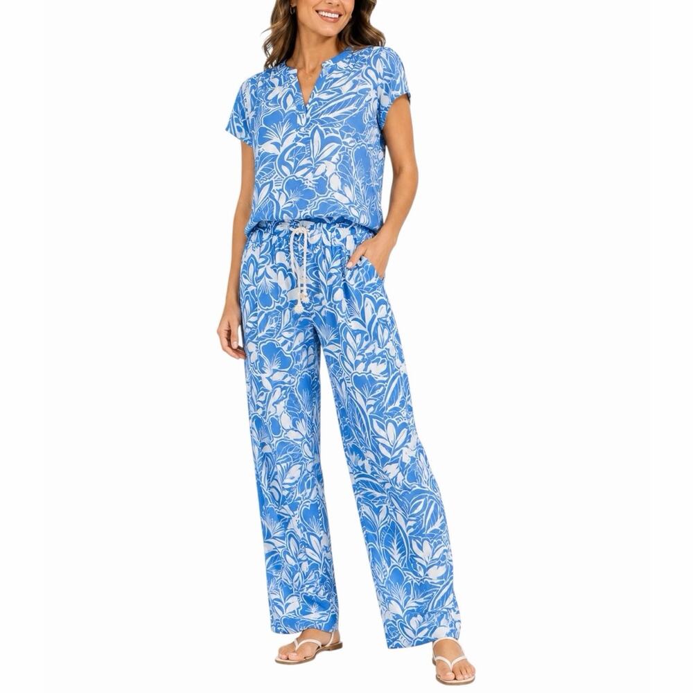 Old Navy 2 Piece Set Tropical Floral Barrel Leg Pant Size XXL Blue White Cotton